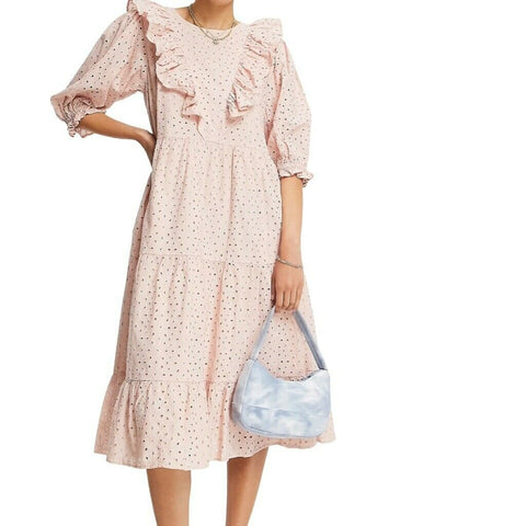 Miss Selfridge Blush Eyelet Puff Sleeve Ruffle Midi Dress